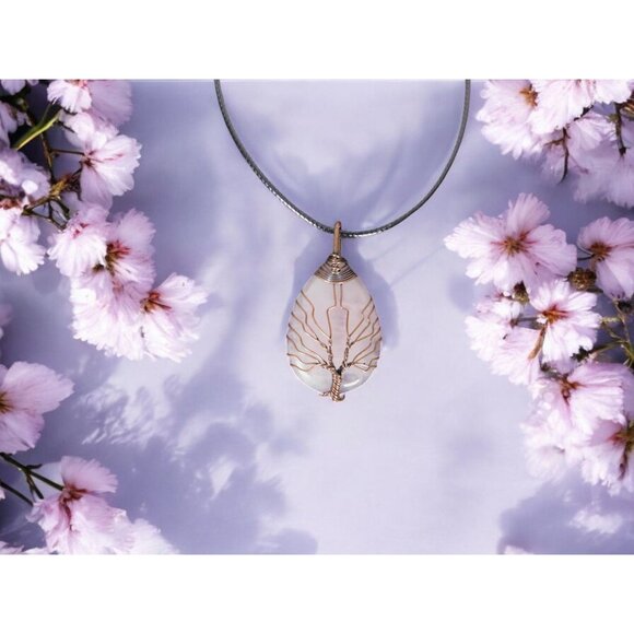 Rose Quartz Tree of Life Pendant Necklace Healing Crystal Jewelry 18" Cord - Picture 1 of 9